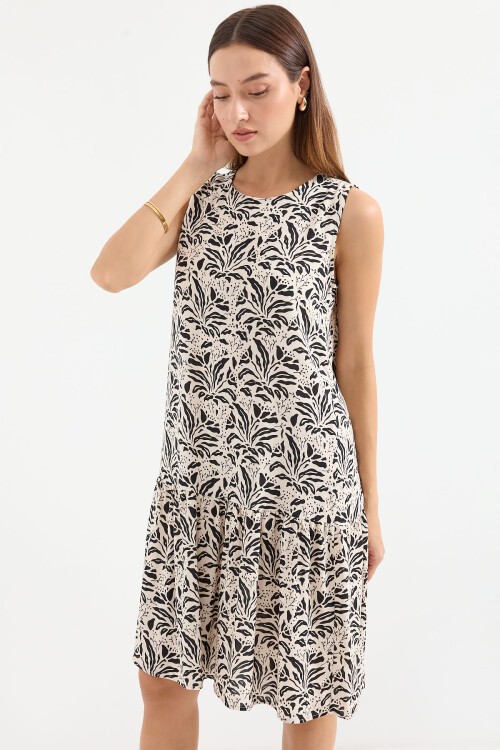 Merterium 1962 Desenli Viskon Siyah Krem Elbise