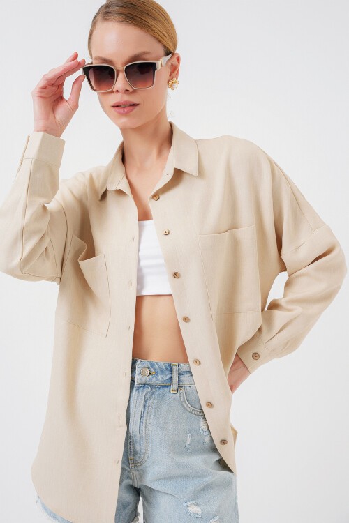 Merterium 20126 Oversize Keten Gömlek - Bej