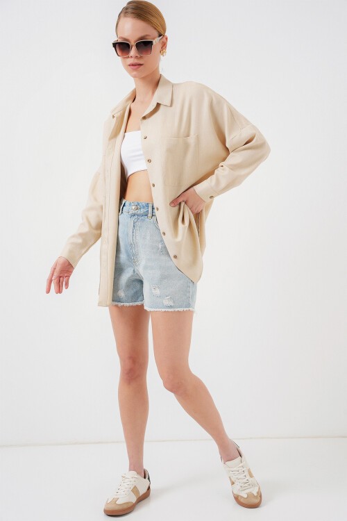 Merterium 20126 Oversize Keten Gömlek - Bej