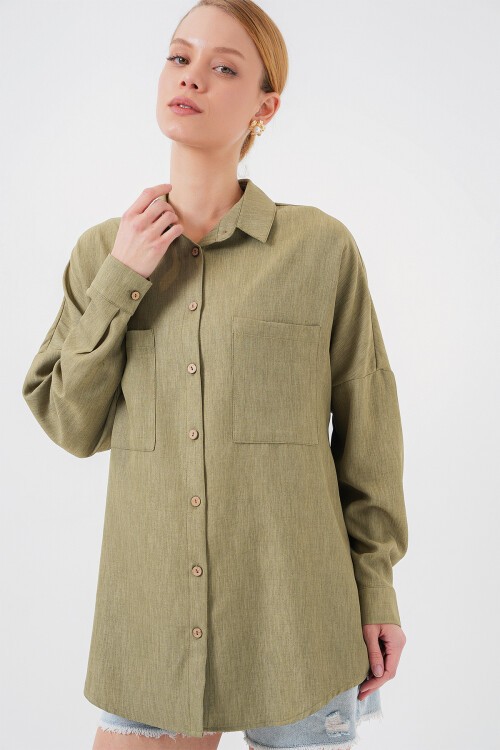 Merterium 20126 Oversize Keten Gömlek - Çağla