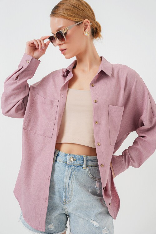 Merterium 20126 Oversize Keten Gömlek - Gül Kurusu