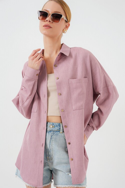 Merterium 20126 Oversize Keten Gömlek - Gül Kurusu