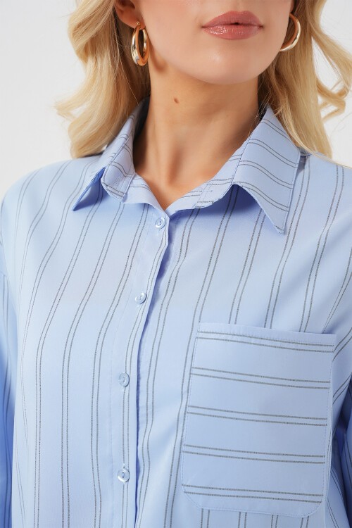 Merterium 20143 Cepli Oversize Gömlek - Mavi