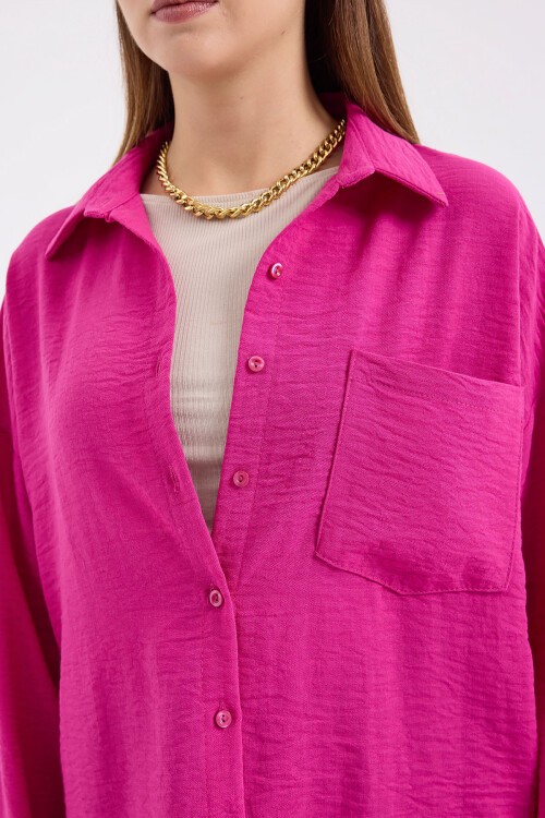 Merterium 20153 Tek Cepli Oversize Keten Gömlek - Koyu Pembe