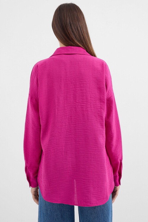 Merterium 20153 Tek Cepli Oversize Keten Gömlek - Koyu Pembe