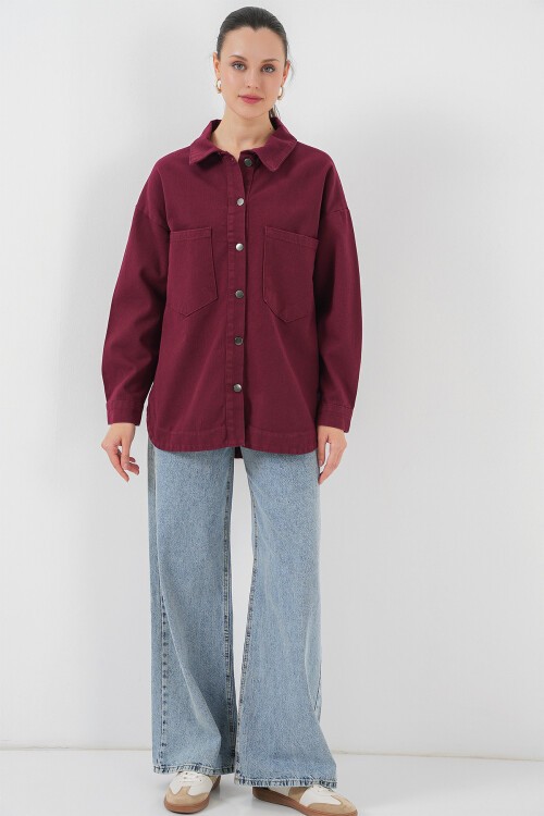 Merterium 20192 Oversize Gabardin Gömlek Ceket - Bordo