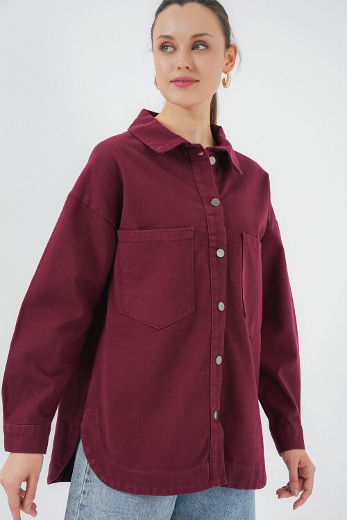 Merterium 20192 Oversize Gabardin Gömlek Ceket - Bordo