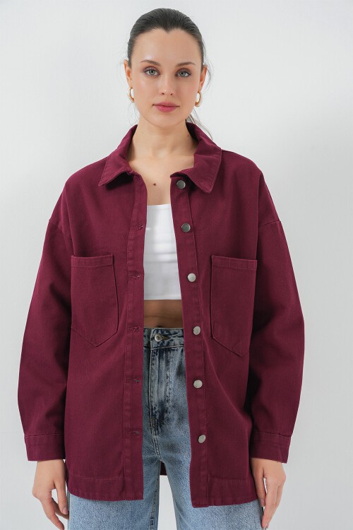 Merterium 20192 Oversize Gabardin Gömlek Ceket - Bordo