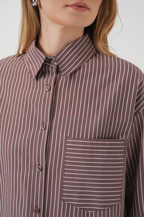 Merterium 20205 Çizgili Oversize Gömlek - Kahverengi