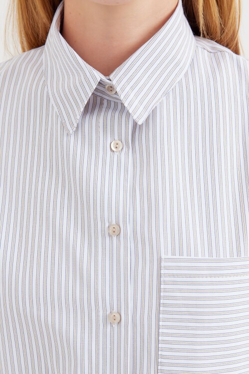 Merterium 20212 Tek Cepli Çizgili Oversize Gömlek - Bej