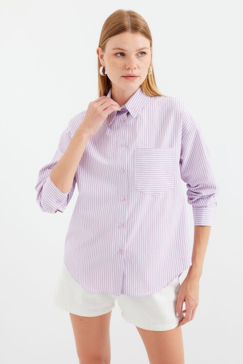 Merterium 20212 Tek Cepli Çizgili Oversize Gömlek - Pembe