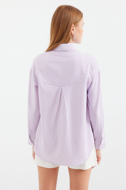 Merterium 20212 Tek Cepli Çizgili Oversize Gömlek - Pembe