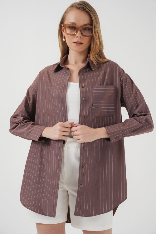 Merterium 20217 Cep Detaylı Çizgili Oversize Gömlek - Kahverengi