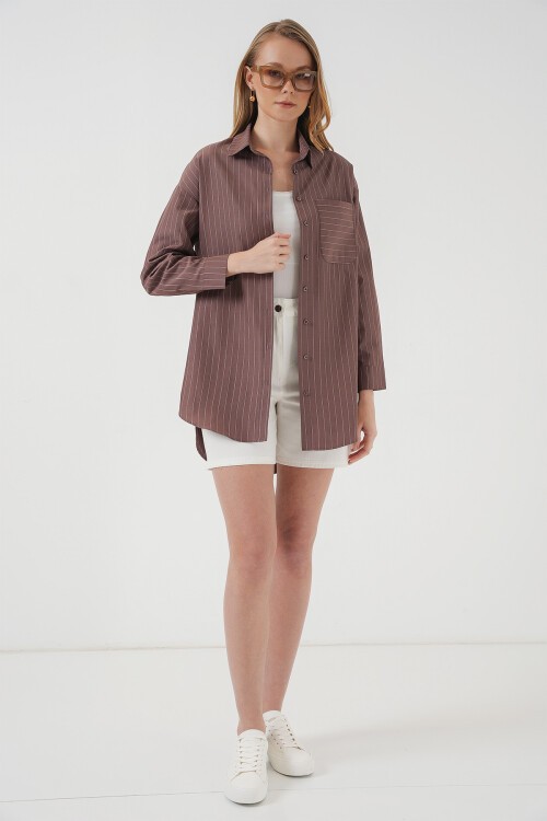 Merterium 20217 Cep Detaylı Çizgili Oversize Gömlek - Kahverengi