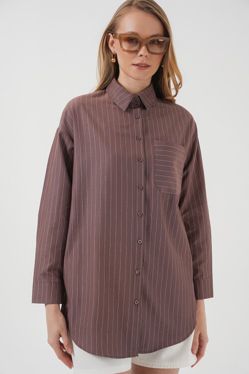 Merterium 20217 Cep Detaylı Çizgili Oversize Gömlek - Kahverengi
