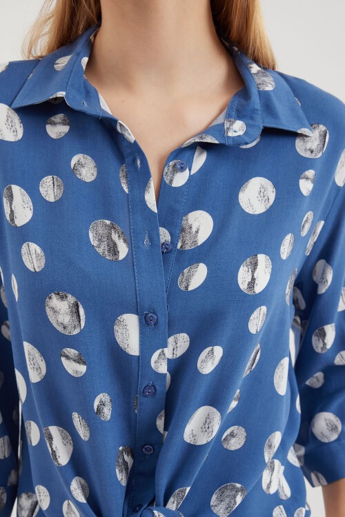 Merterium 20243 Önü Bağlamalı Desenli Gömlek - İndigo