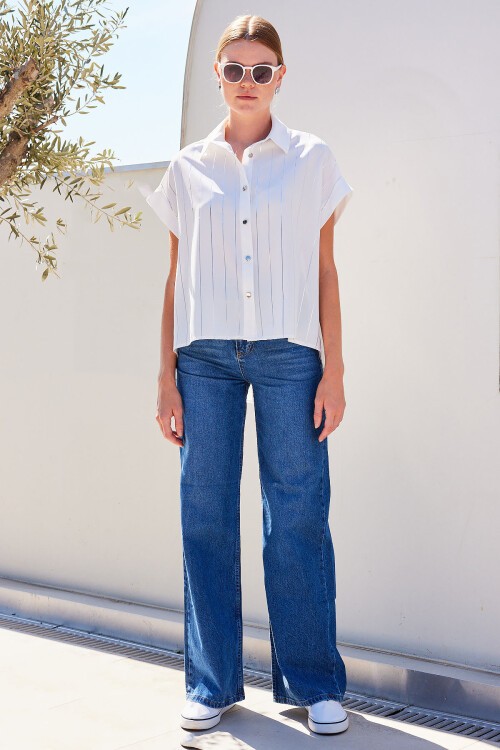 Merterium 20262 Kısa Kol Çizgili Gömlek - Beyaz