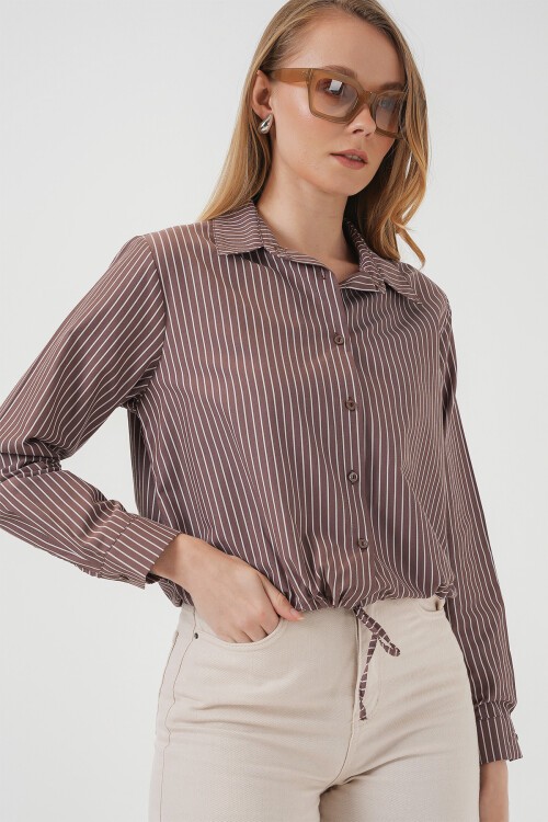 Merterium 20276 Uzun Kol Çizgili Gömlek - Kahverengi