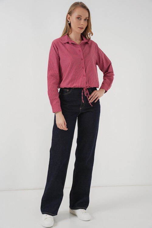 Merterium 20276 Uzun Kol Çizgili Gömlek - Kırmızı