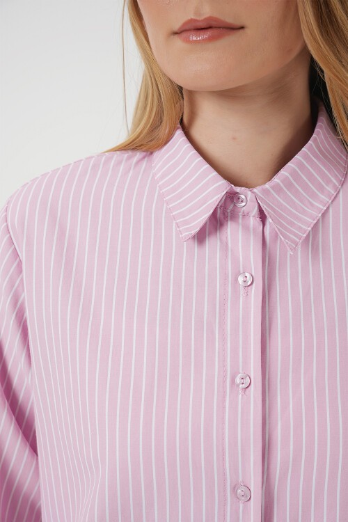 Merterium 20276 Uzun Kol Çizgili Gömlek - Pembe