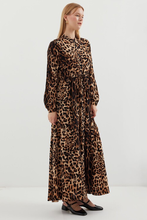 Merterium 2144 Hakim Yaka Tesettür Elbise - A.Kahve