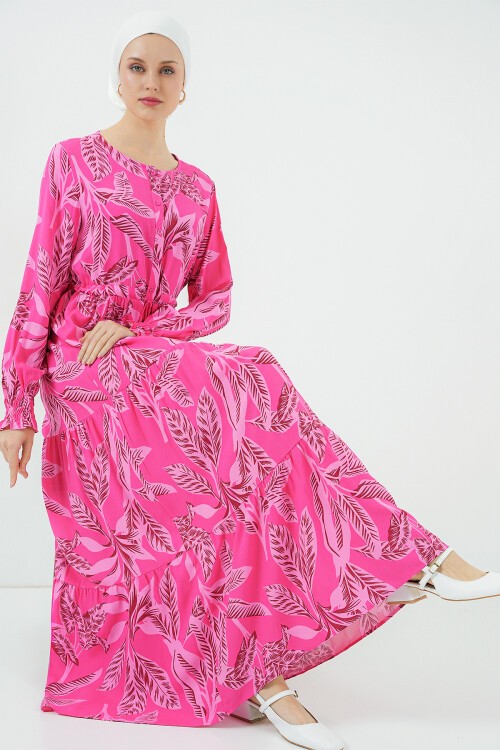 Merterium 2145 Desenli Tesettür Elbise - Fuşya