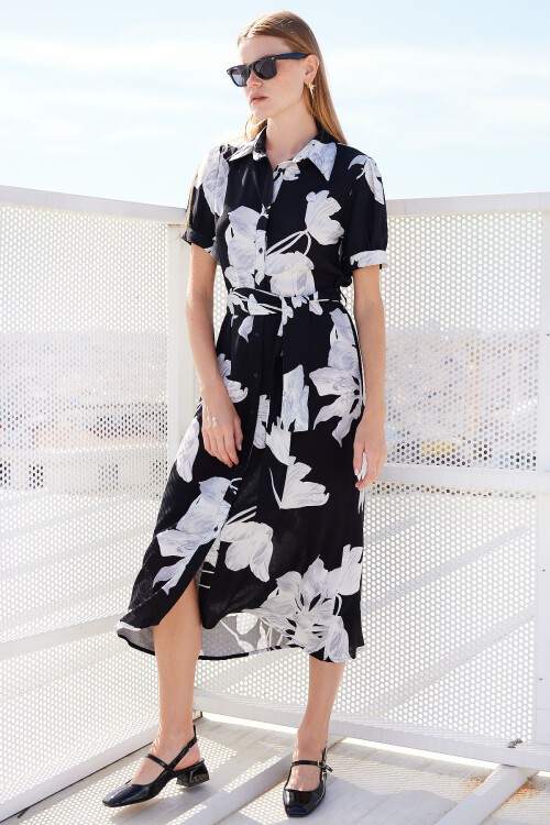 Merterium 2213 Kısa Kol Viskon Elbise - D. Siyah