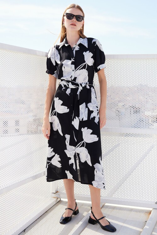 Merterium 2213 Kısa Kol Viskon Elbise - D. Siyah