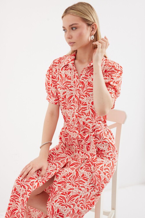 Merterium 2213 Kısa Kol Viskon Elbise - Kırmızı