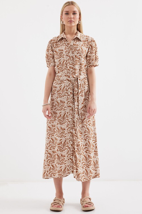 Merterium 2213 Kısa Kol Viskon Elbise - Taba