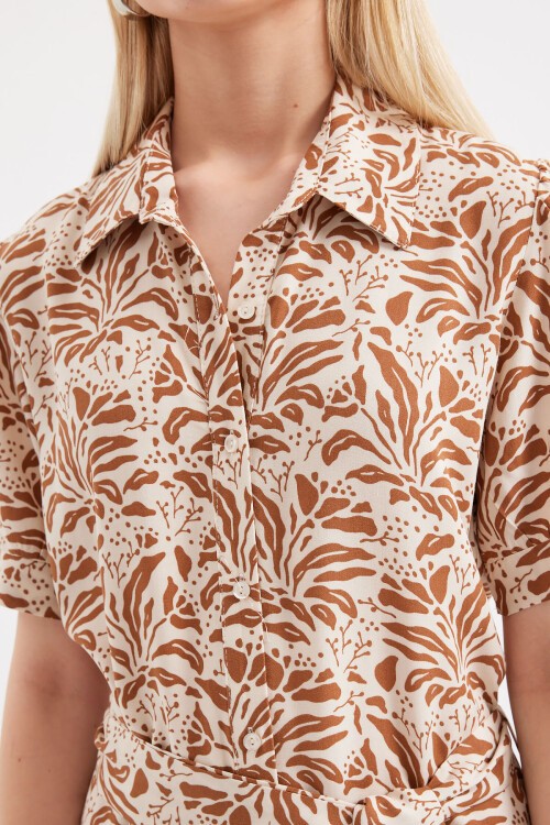 Merterium 2213 Kısa Kol Viskon Elbise - Taba