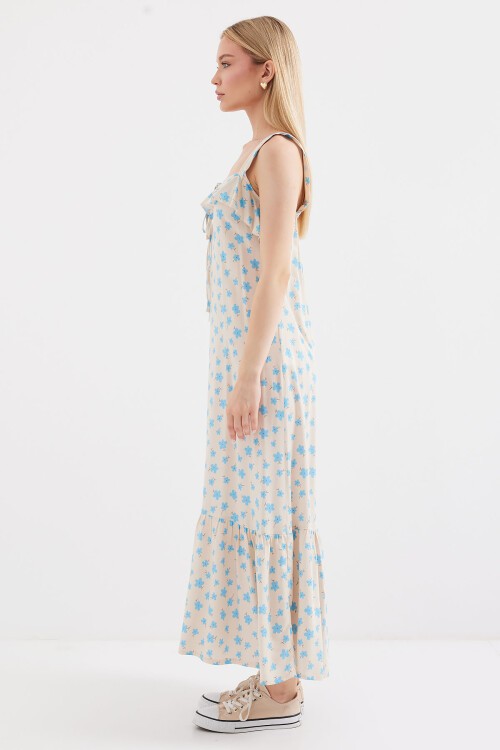 Merterium 2237 Desenli Askılı Viskon Elbise - Mavi