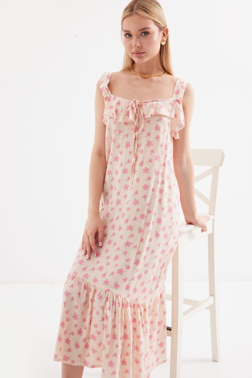 Merterium 2237 Desenli Askılı Viskon Elbise - Pembe