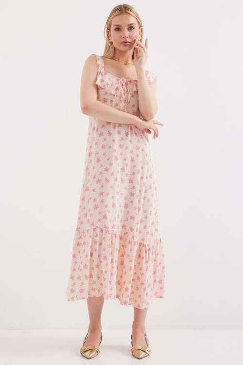Merterium 2237 Desenli Askılı Viskon Elbise - Pembe