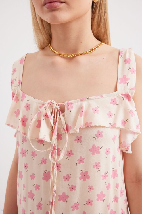 Merterium 2237 Desenli Askılı Viskon Elbise - Pembe