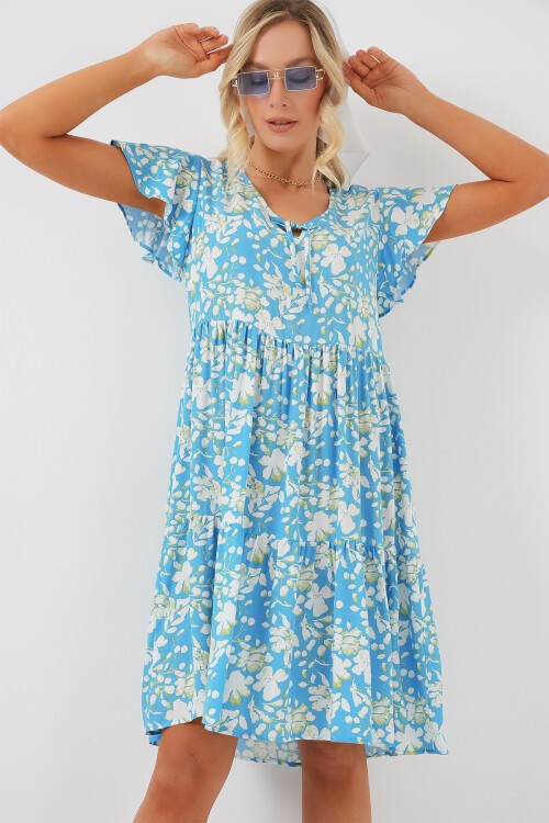 Merterium 2352 V Yaka Kısa Elbise - Açık Mavi