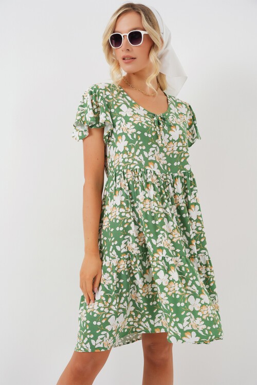 Merterium 2352 V Yaka Kısa Elbise - M. Yeşil