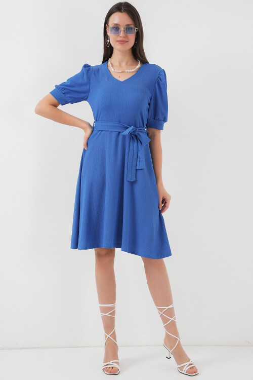 Merterium 2370 Kuşaklı Örme Elbise - Saks