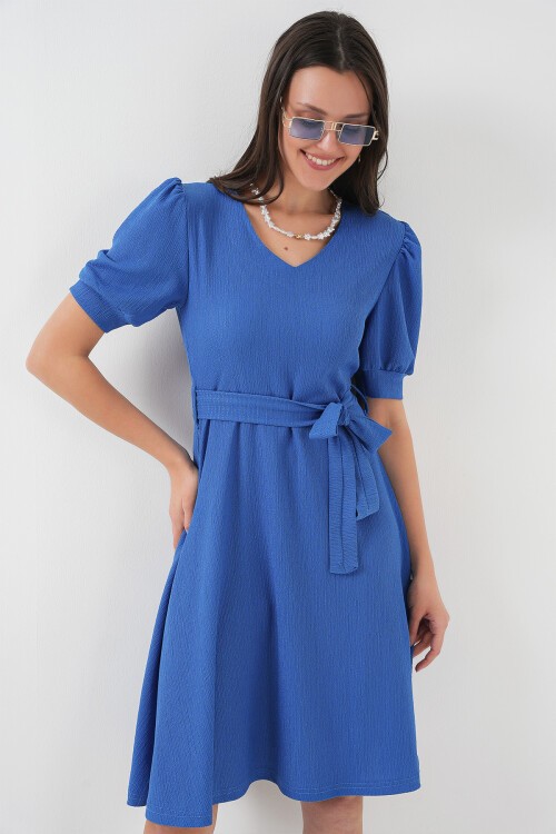 Merterium 2370 Kuşaklı Örme Elbise - Saks