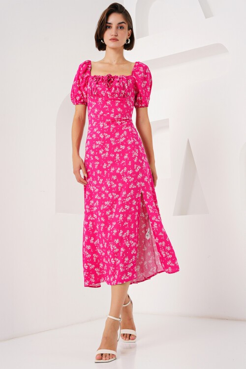 Merterium 2387 Yırtmaç Detaylı Elbise - Fuşya