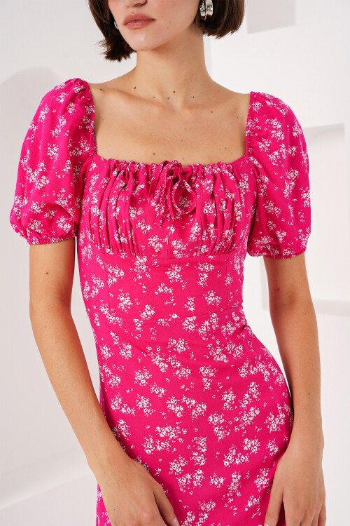 Merterium 2387 Yırtmaç Detaylı Elbise - Fuşya