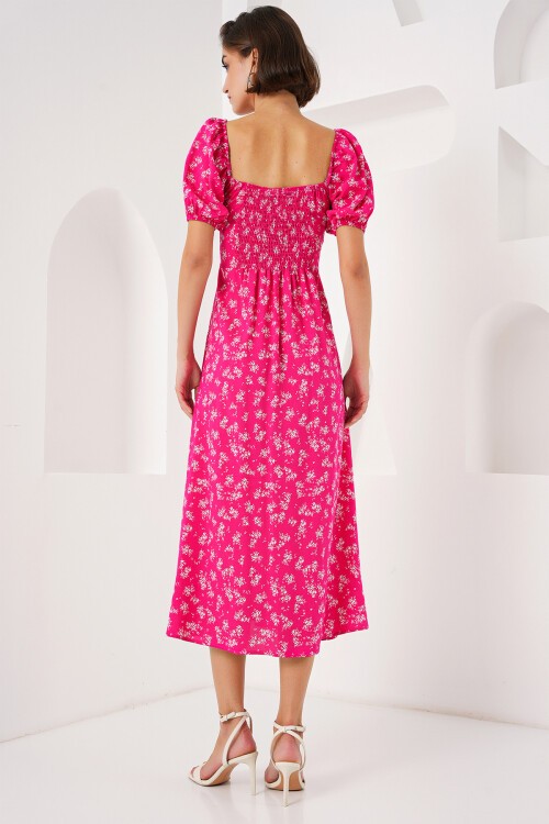 Merterium 2387 Yırtmaç Detaylı Elbise - Fuşya