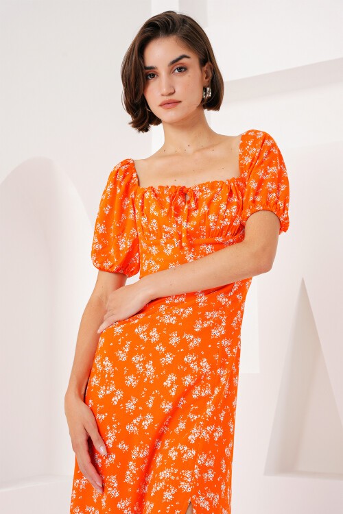 Merterium 2387 Yırtmaç Detaylı Elbise - Turuncu