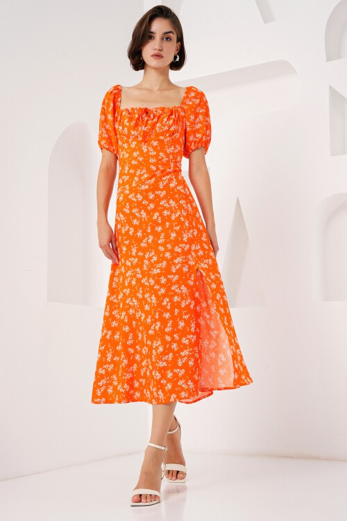 Merterium 2387 Yırtmaç Detaylı Elbise - Turuncu