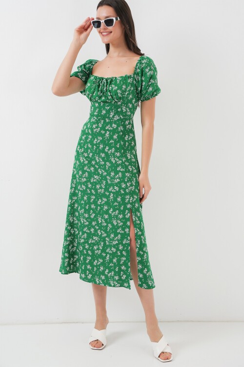 Merterium 2387 Yırtmaç Detaylı Elbise - Zümrüt Yeşili