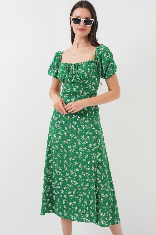 Merterium 2387 Yırtmaç Detaylı Elbise - Zümrüt Yeşili