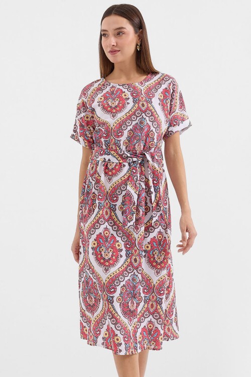 Merterium 2389 Kemerli Keten Elbise - Nar