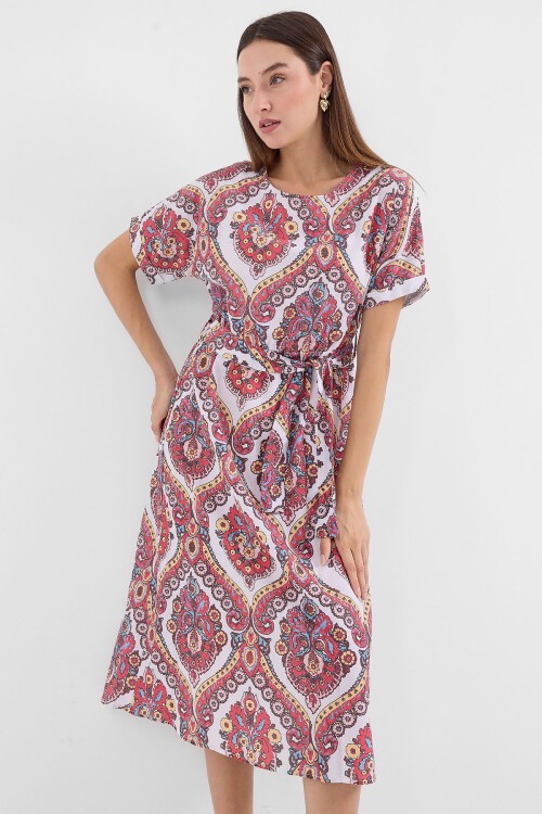 Merterium 2389 Kemerli Keten Elbise - Nar