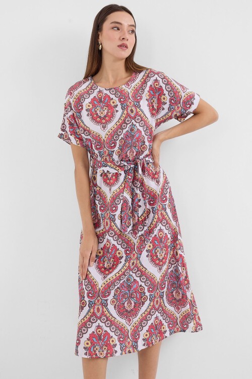 Merterium 2389 Kemerli Keten Elbise - Nar