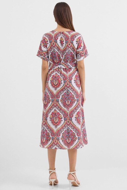 Merterium 2389 Kemerli Keten Elbise - Nar